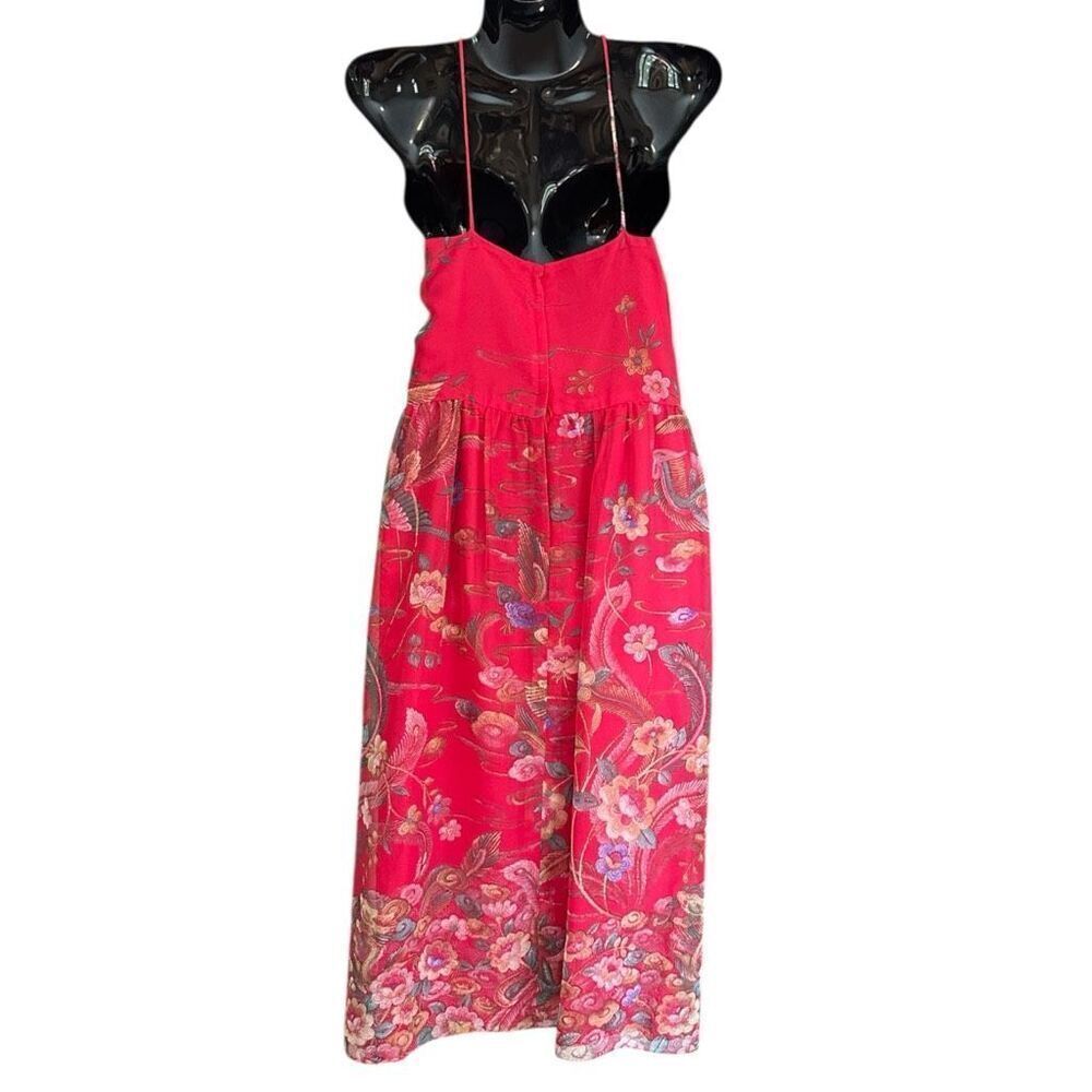 David Morris Vintage Spaghetti Strap Boho Floral Feather Pink Print‎ MIDI Dress - Picture 2 of 4